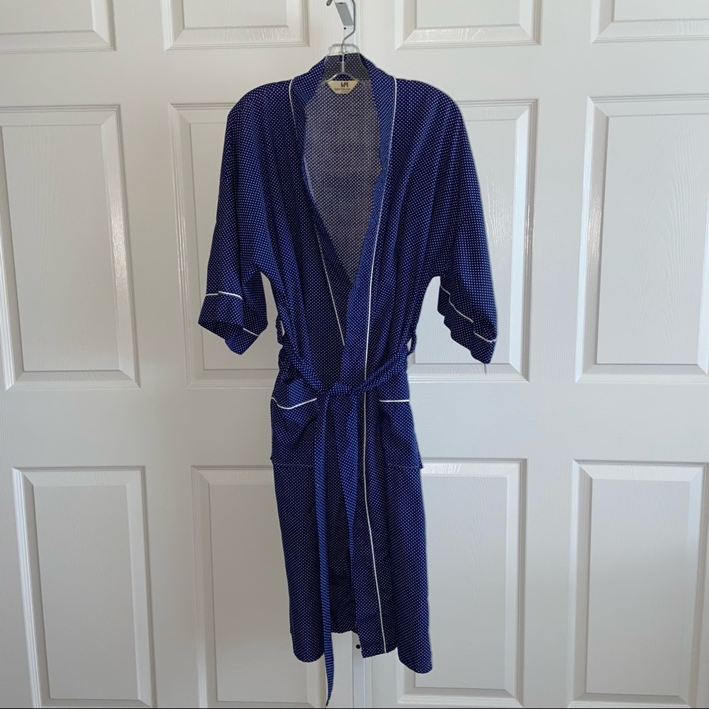 Vtg 60”s Robe Shave Coat Weldon Menswear Navy Polka Dot Belted Smoking Jacket